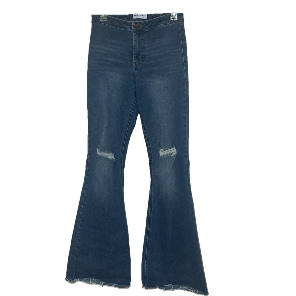 Vanilla Star New York Womens Jeans 7 Blue Flared Distressed High Rise Raw Hem